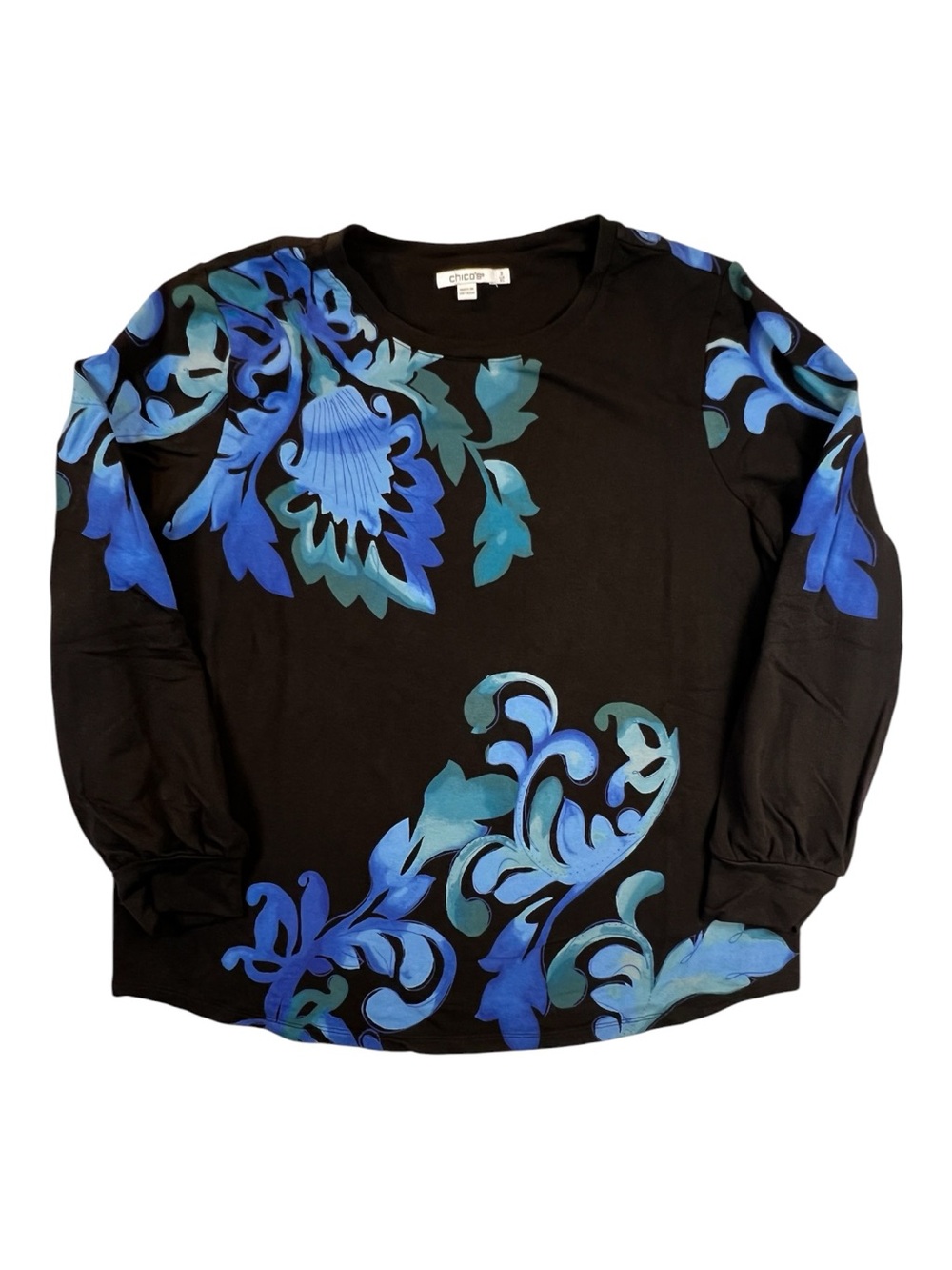 Chico’s Blue Floral Scroll Top Size 3 XL Black Boho Artsy Long Sleeve Stretch